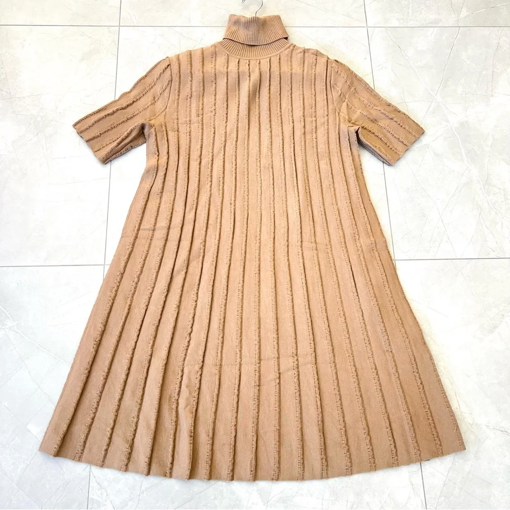 COS Beige Tan / Beige Scallop Pleated Knit Wool Blend Turtleneck Boho Dress Sz S - Picture 11 of 16